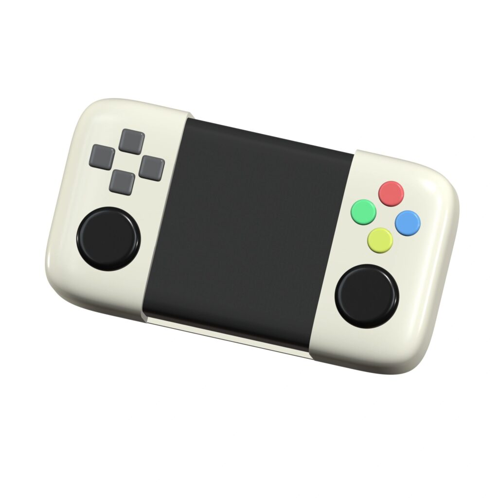 Compact digital gaming console with handheld-style controls on clean background