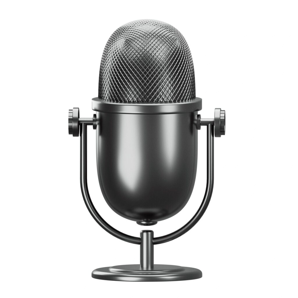 Realistic 3D illustration of a vintage-style black microphone on a stand, isolated on white.