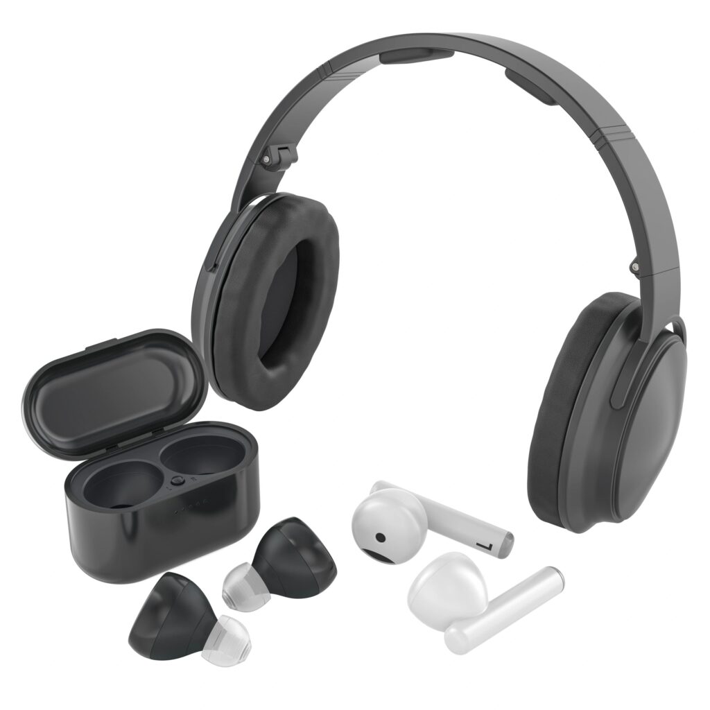 True wireless earbuds with charging case on clean background