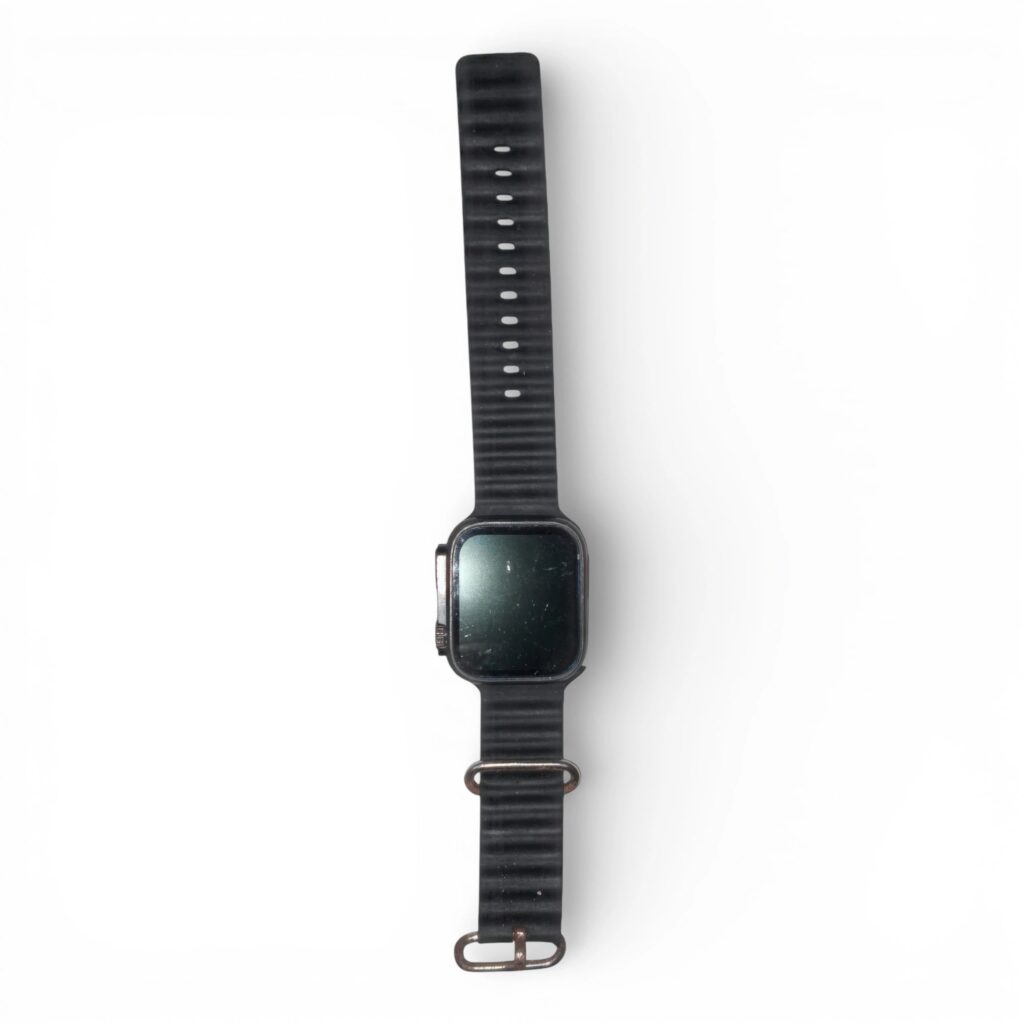 Black smartwatch with rubber strap on white background .